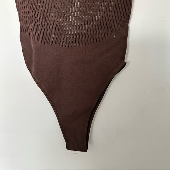 New Zara Brown Seamless Mesh Bodysuit Top Size Large - Picture 8 of 13